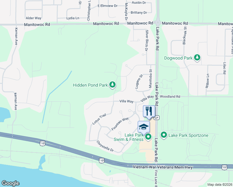 map of restaurants, bars, coffee shops, grocery stores, and more near Tara Lane in Menasha