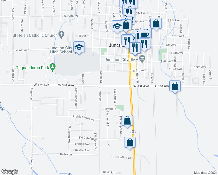 map of restaurants, bars, coffee shops, grocery stores, and more near 605 West 1st Avenue in Junction City