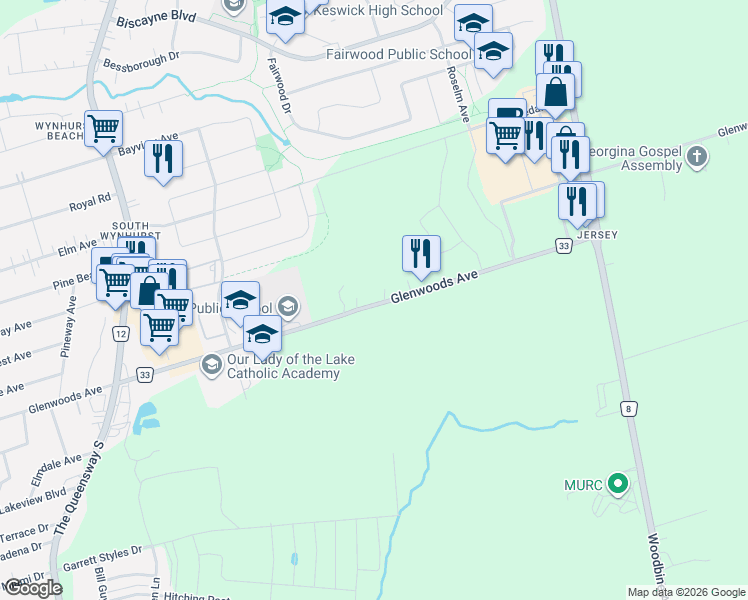 map of restaurants, bars, coffee shops, grocery stores, and more near 110 Glenwoods Avenue in Georgina