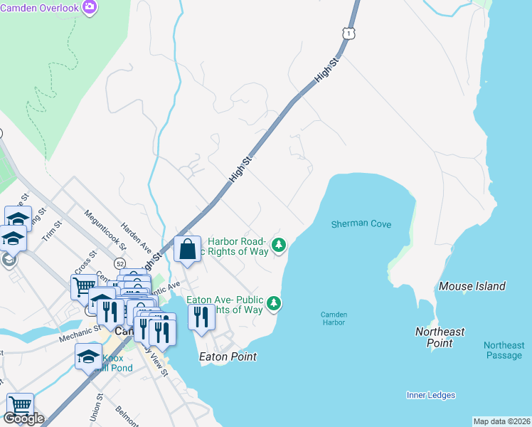 map of restaurants, bars, coffee shops, grocery stores, and more near 15 Marine Avenue in Camden
