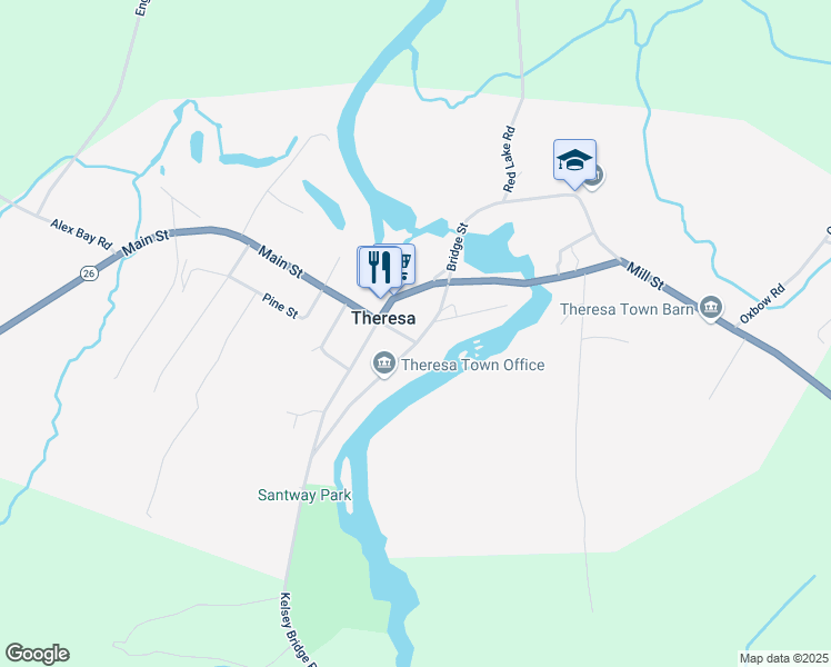 map of restaurants, bars, coffee shops, grocery stores, and more near 100 Main Street in Theresa