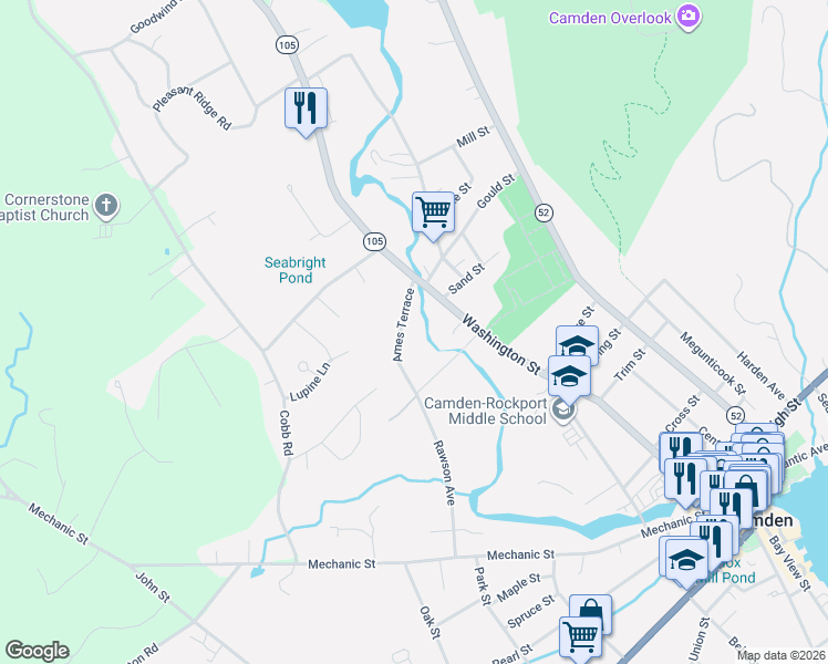 map of restaurants, bars, coffee shops, grocery stores, and more near 4 Ames Terrace in Camden