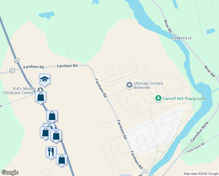 map of restaurants, bars, coffee shops, grocery stores, and more near 22 Athabaska Drive in Belleville