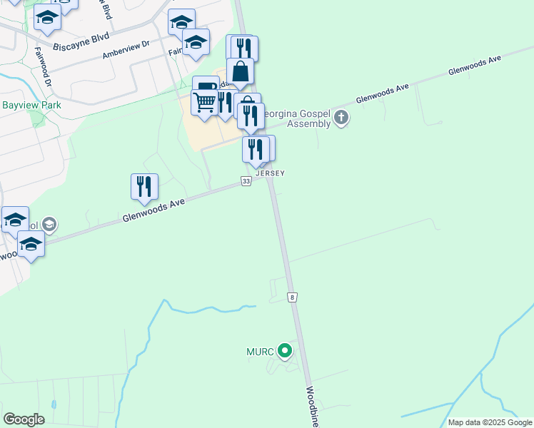 map of restaurants, bars, coffee shops, grocery stores, and more near 23448 Woodbine Avenue in Georgina