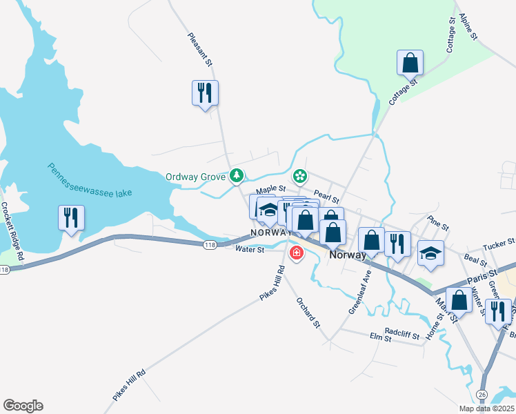 map of restaurants, bars, coffee shops, grocery stores, and more near 15 Crescent Street in Norway