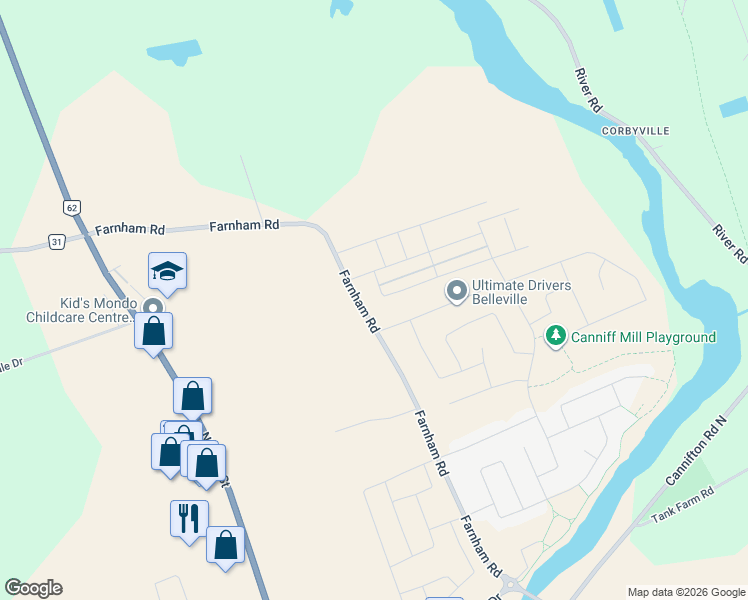 map of restaurants, bars, coffee shops, grocery stores, and more near 208-286 Farnham Rd in Belleville
