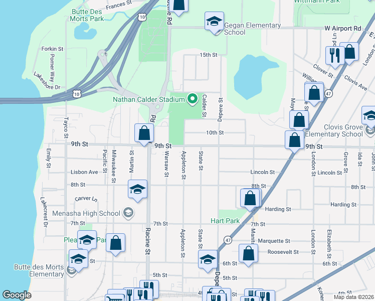 map of restaurants, bars, coffee shops, grocery stores, and more near 905 Appleton Street in Menasha