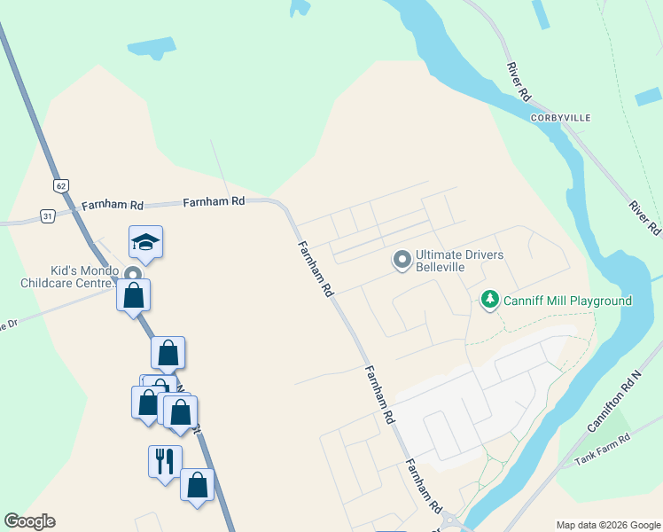 map of restaurants, bars, coffee shops, grocery stores, and more near 14 Athabaska Drive in Belleville
