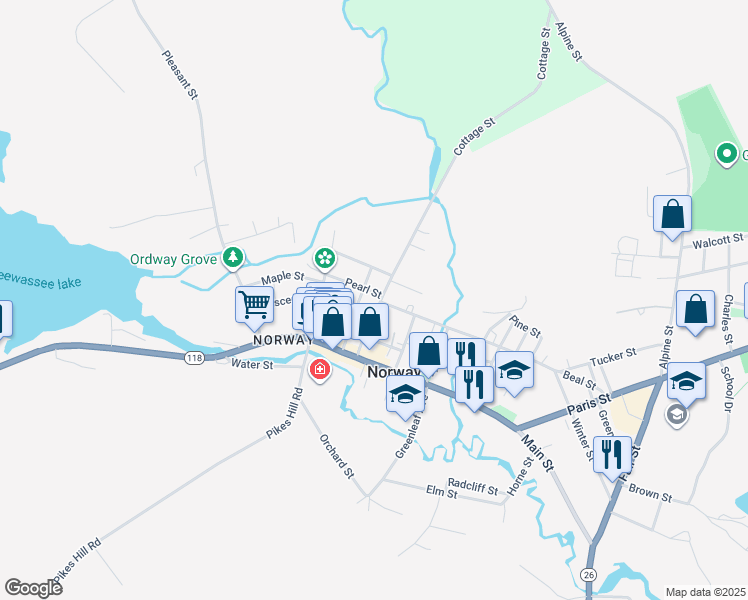 map of restaurants, bars, coffee shops, grocery stores, and more near 32 Cottage Street in Norway