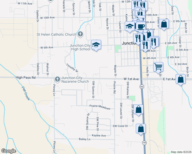 map of restaurants, bars, coffee shops, grocery stores, and more near 1085 West 1st Avenue in Junction City