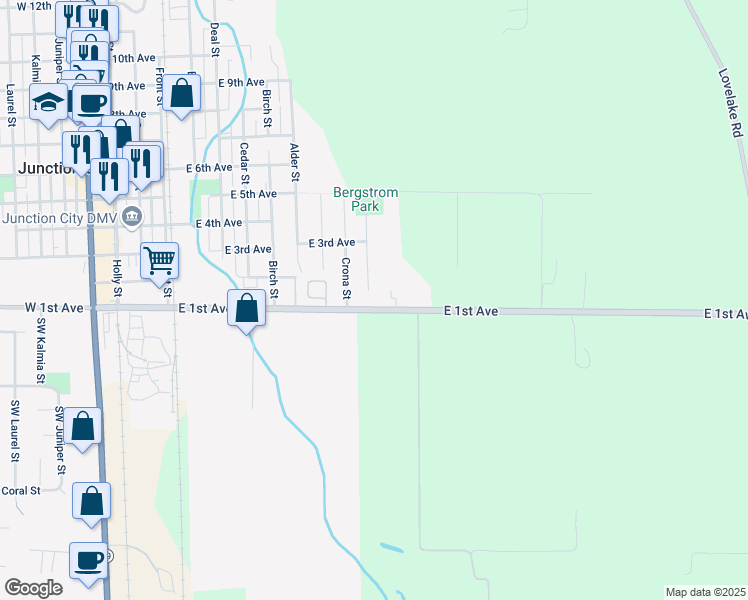 map of restaurants, bars, coffee shops, grocery stores, and more near 60 Dorsa Street in Junction City