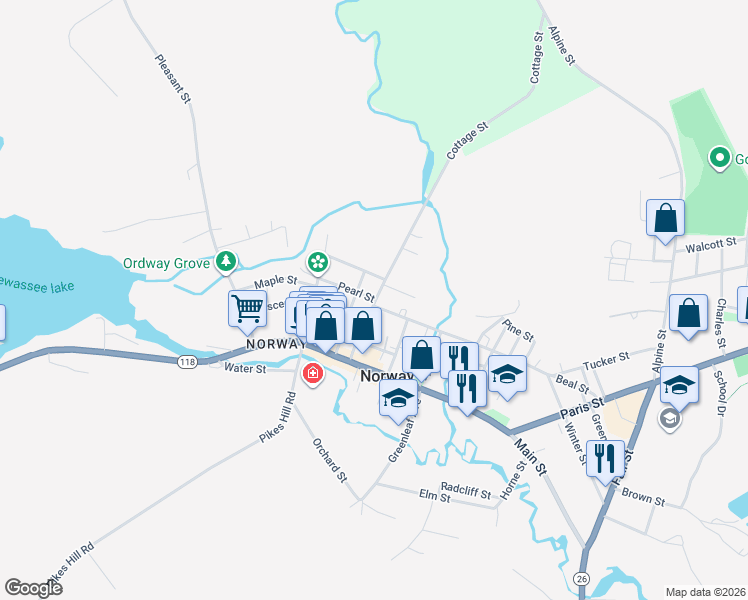 map of restaurants, bars, coffee shops, grocery stores, and more near 32 Cottage Street in Norway