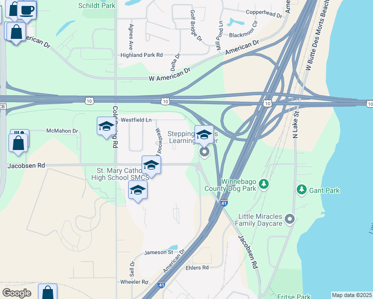 map of restaurants, bars, coffee shops, grocery stores, and more near 1348 American Drive in Neenah