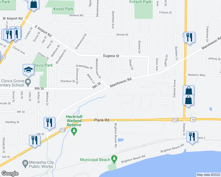 map of restaurants, bars, coffee shops, grocery stores, and more near 1263 Manitowoc Road in Menasha