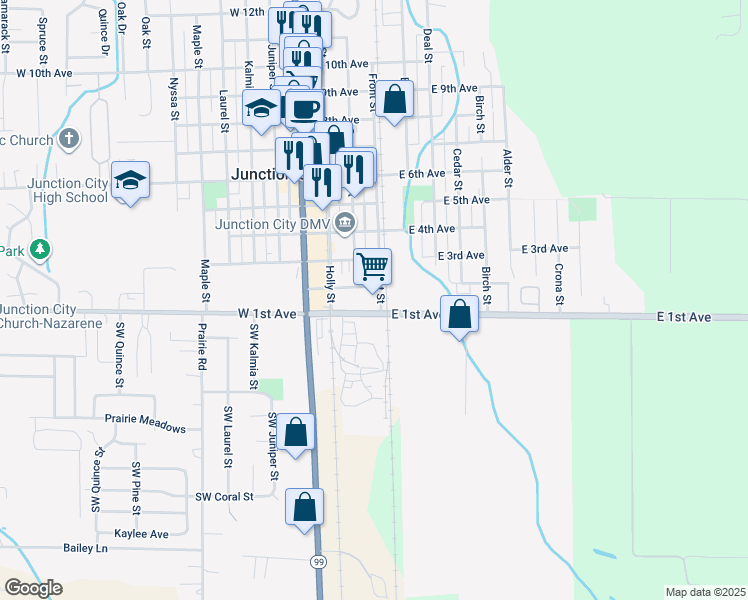 map of restaurants, bars, coffee shops, grocery stores, and more near 120 West 1st Avenue in Junction City