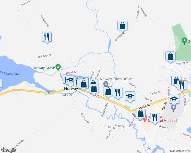 map of restaurants, bars, coffee shops, grocery stores, and more near 32 Cottage Street in Norway