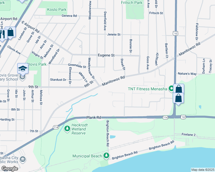 map of restaurants, bars, coffee shops, grocery stores, and more near 1273 Manitowoc Road in Menasha