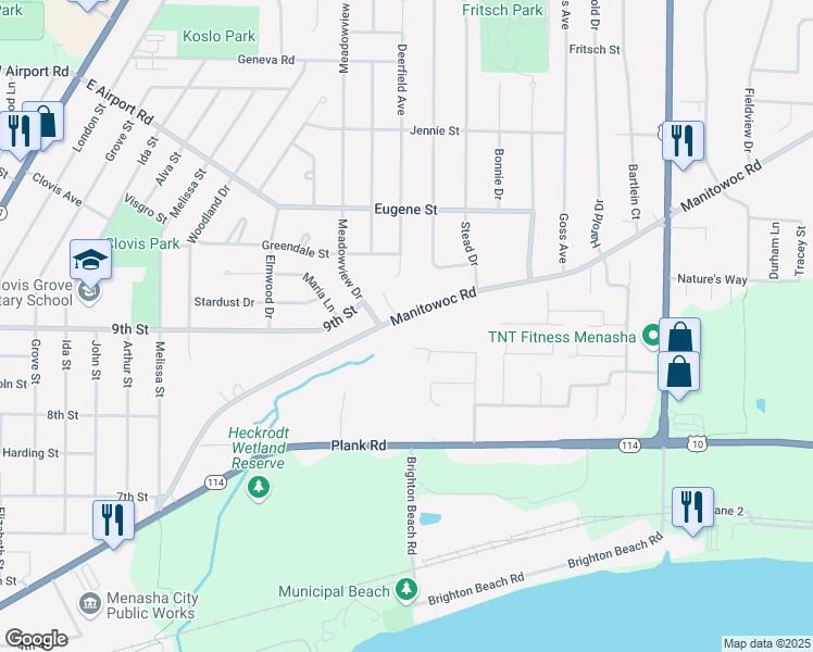 map of restaurants, bars, coffee shops, grocery stores, and more near 1273 Manitowoc Road in Menasha
