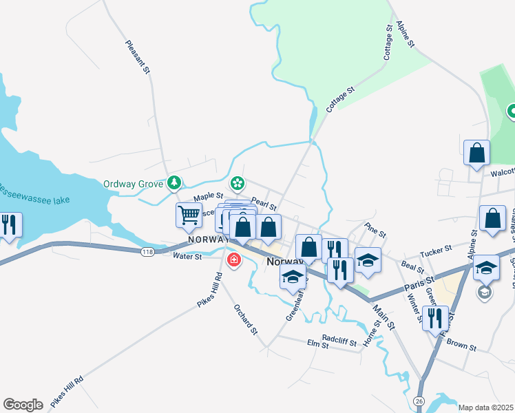 map of restaurants, bars, coffee shops, grocery stores, and more near 28 Deering Street in Norway