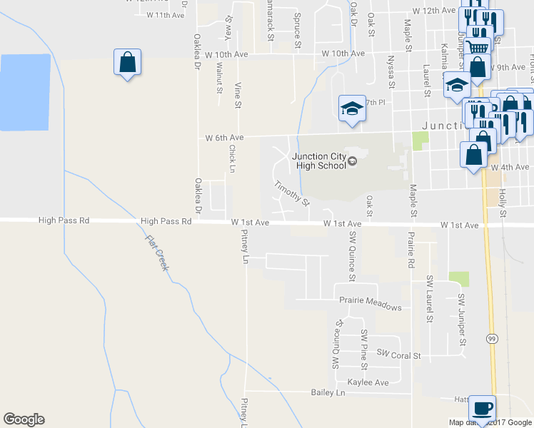 map of restaurants, bars, coffee shops, grocery stores, and more near 135 Thane Place in Junction City