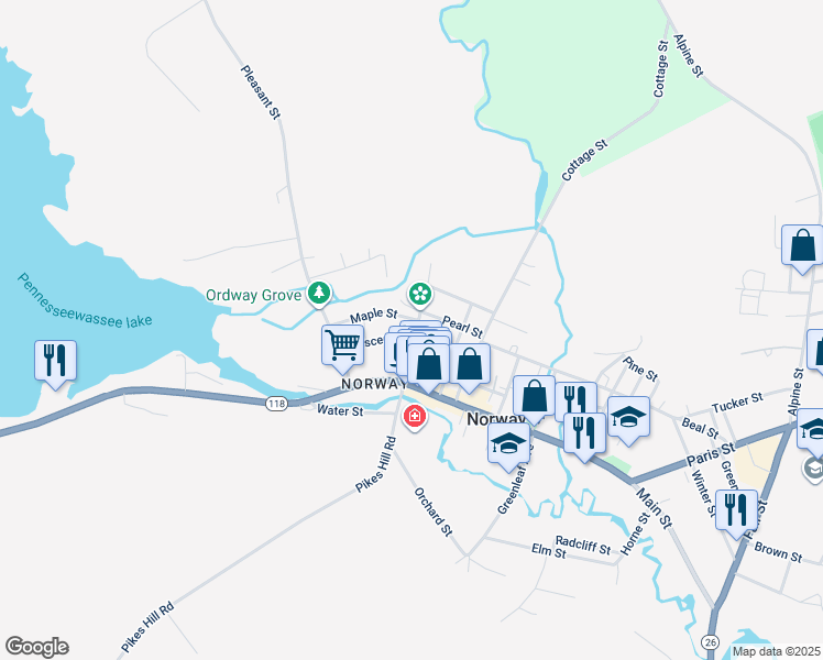 map of restaurants, bars, coffee shops, grocery stores, and more near 22 Whitman Street in Norway