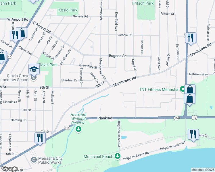 map of restaurants, bars, coffee shops, grocery stores, and more near 900 Meadowview Drive in Menasha