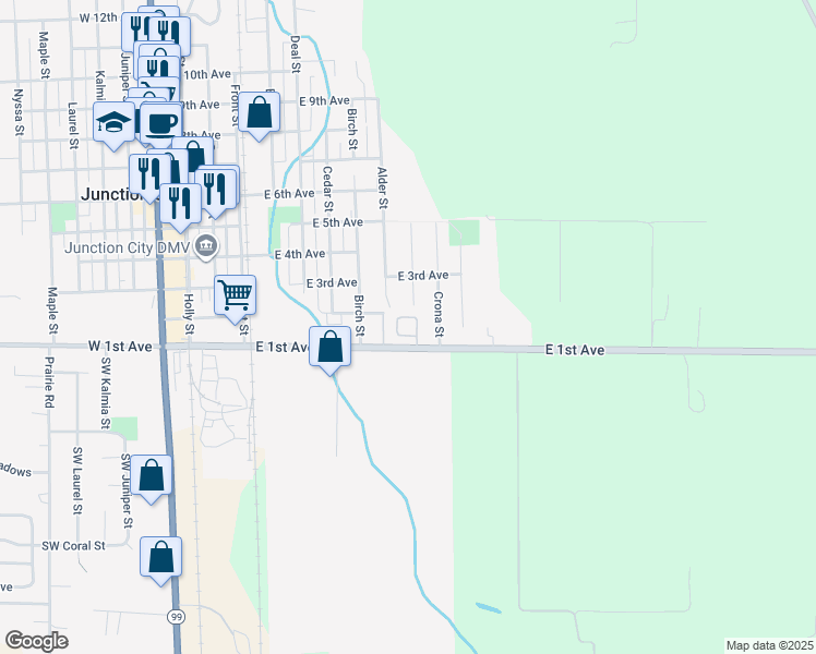 map of restaurants, bars, coffee shops, grocery stores, and more near 145 River Road in Junction City