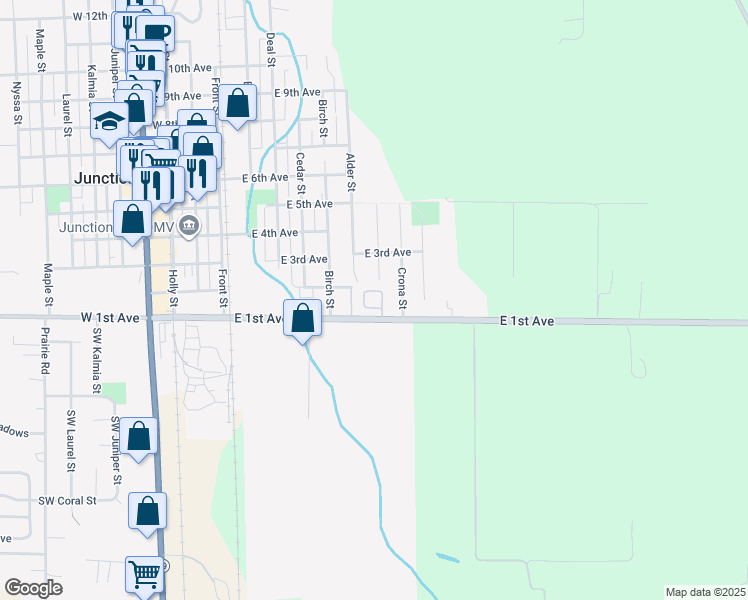 map of restaurants, bars, coffee shops, grocery stores, and more near 145 River Road in Junction City