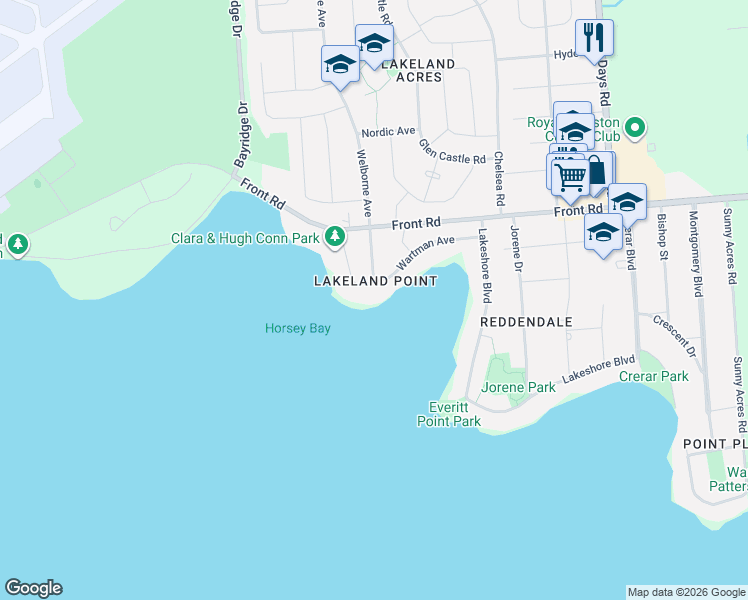 map of restaurants, bars, coffee shops, grocery stores, and more near 19 Lakeland Point Drive in Kingston