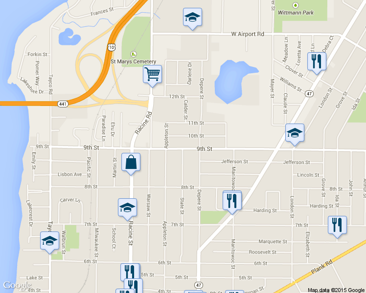 map of restaurants, bars, coffee shops, grocery stores, and more near 620 9th Street in Menasha