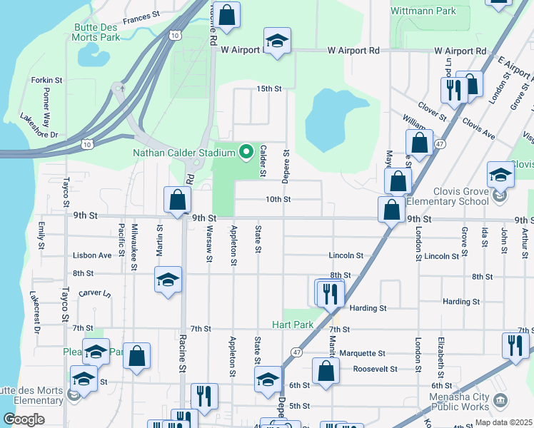 map of restaurants, bars, coffee shops, grocery stores, and more near 620 9th Street in Menasha