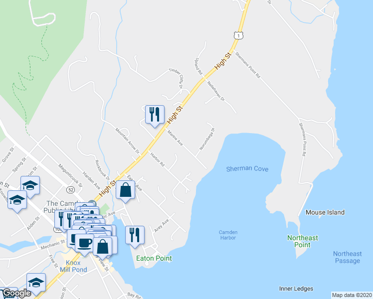 map of restaurants, bars, coffee shops, grocery stores, and more near 15 Marine Avenue in Camden