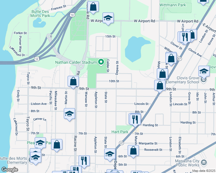 map of restaurants, bars, coffee shops, grocery stores, and more near 620 9th Street in Menasha