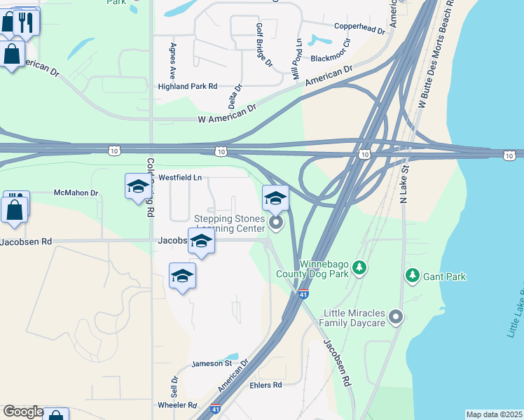 map of restaurants, bars, coffee shops, grocery stores, and more near 1348 American Drive in Neenah
