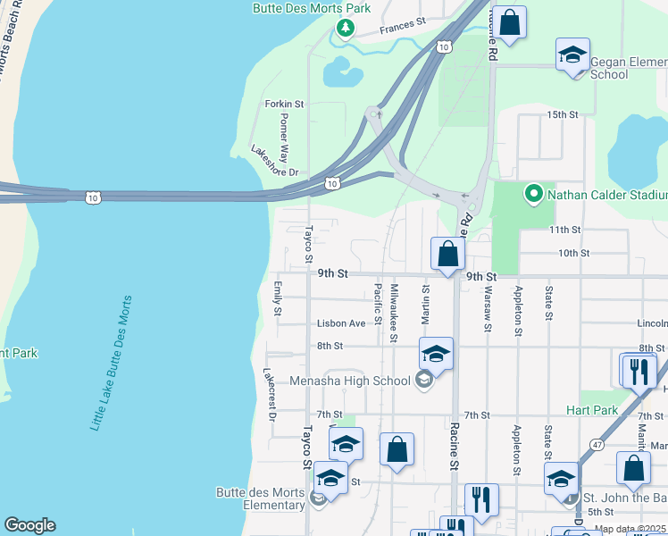 map of restaurants, bars, coffee shops, grocery stores, and more near 320 9th Street in Menasha