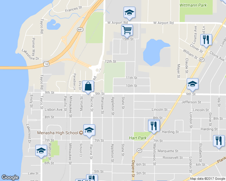 map of restaurants, bars, coffee shops, grocery stores, and more near 905 Appleton Street in Menasha