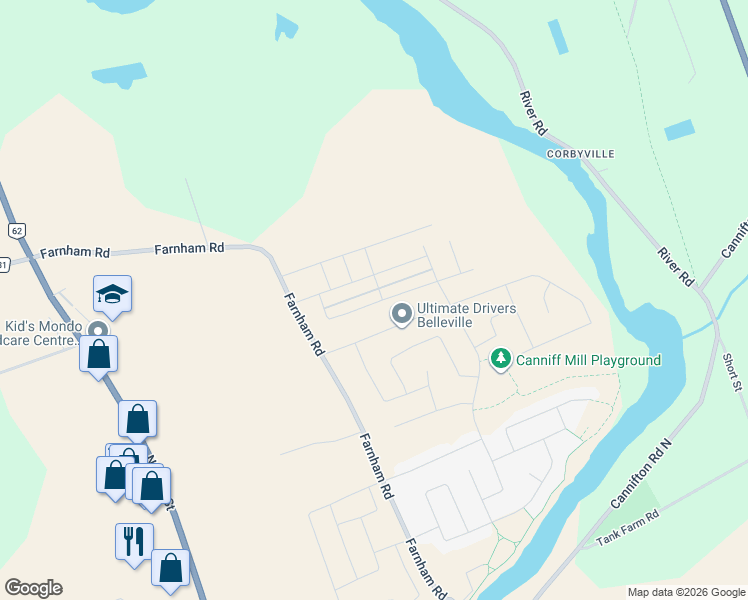 map of restaurants, bars, coffee shops, grocery stores, and more near 63 Athabaska Drive in Belleville