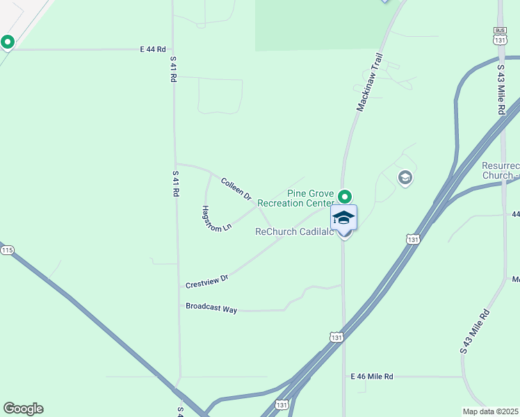 map of restaurants, bars, coffee shops, grocery stores, and more near 8219 Colleen Drive in Cadillac