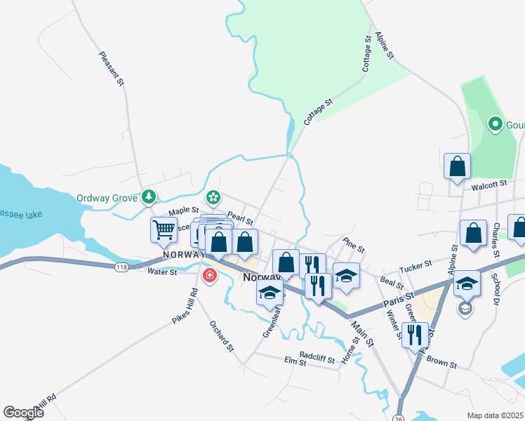 map of restaurants, bars, coffee shops, grocery stores, and more near 35 Cottage Street in Norway