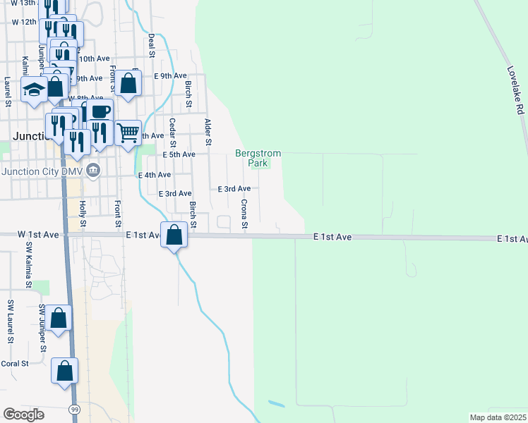 map of restaurants, bars, coffee shops, grocery stores, and more near 60 Dorsa Street in Junction City