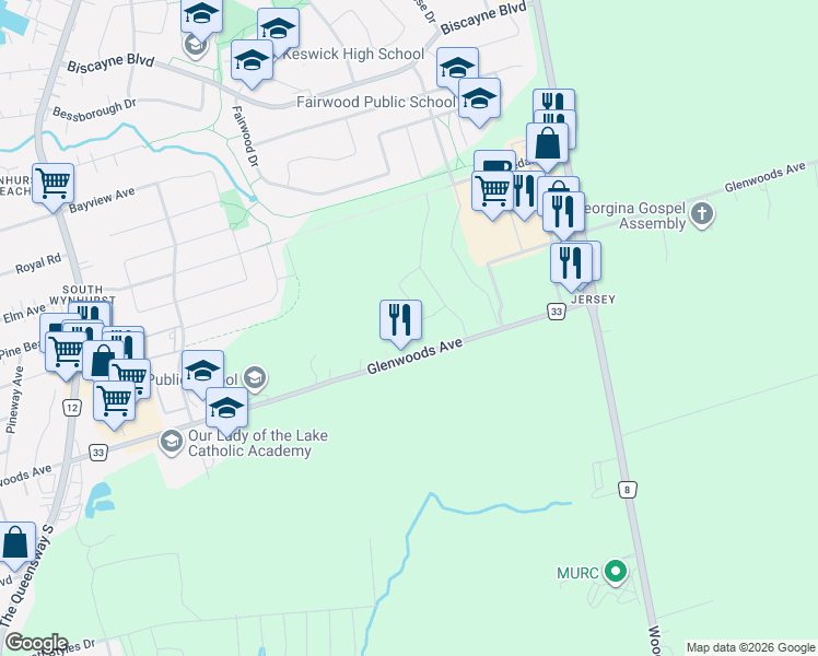 map of restaurants, bars, coffee shops, grocery stores, and more near 21 Dorothy Caine Crescent in Georgina