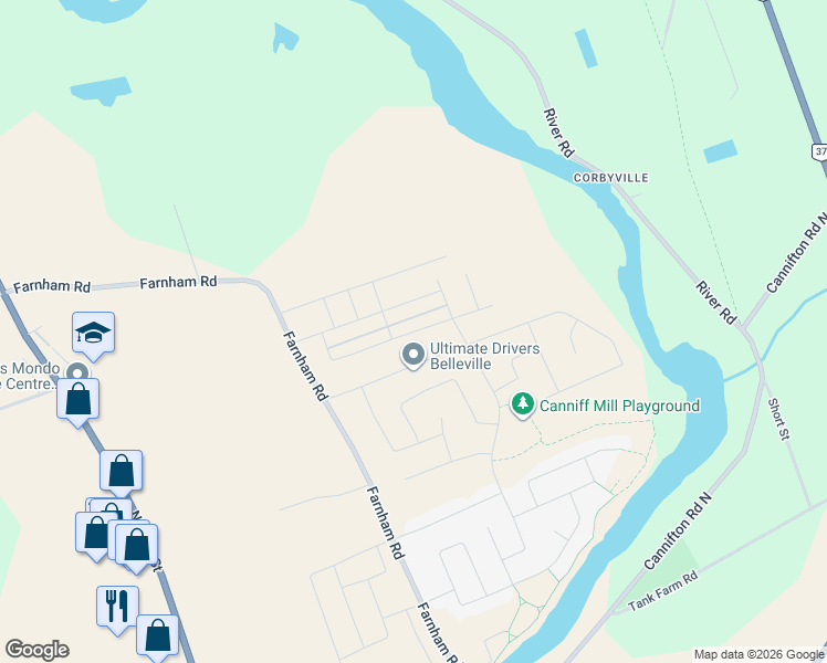 map of restaurants, bars, coffee shops, grocery stores, and more near 77 Athabaska Drive in Belleville