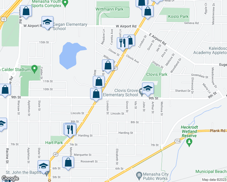 map of restaurants, bars, coffee shops, grocery stores, and more near 916 London Street in Menasha