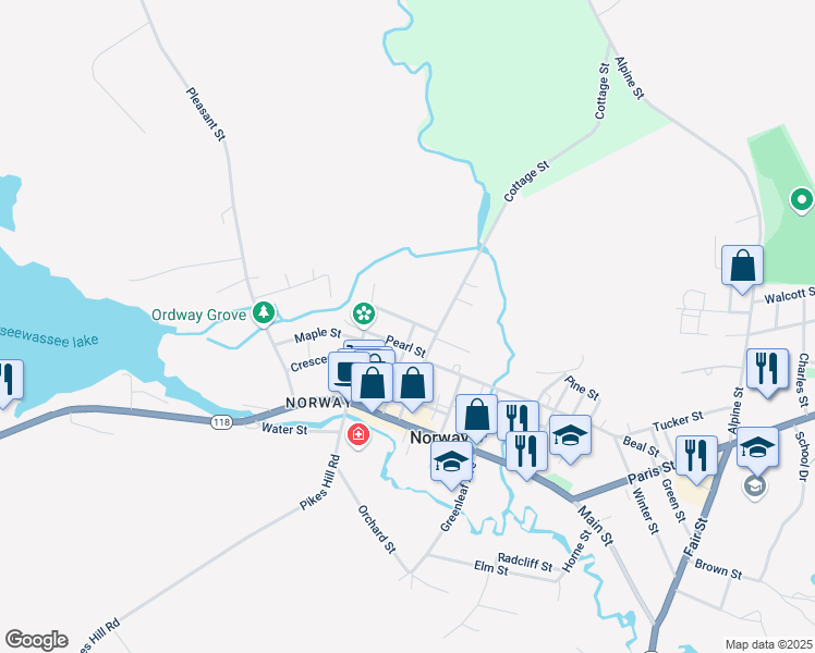 map of restaurants, bars, coffee shops, grocery stores, and more near 28 Deering Street in Norway