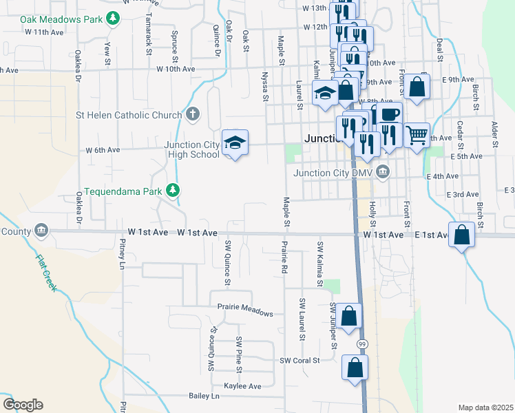 map of restaurants, bars, coffee shops, grocery stores, and more near 292 Oak Street in Junction City