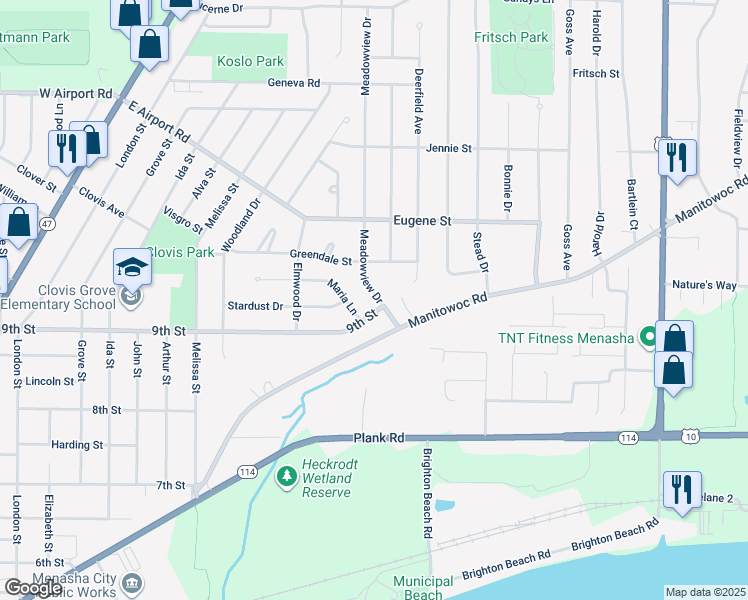 map of restaurants, bars, coffee shops, grocery stores, and more near 930 Meadowview Drive in Menasha