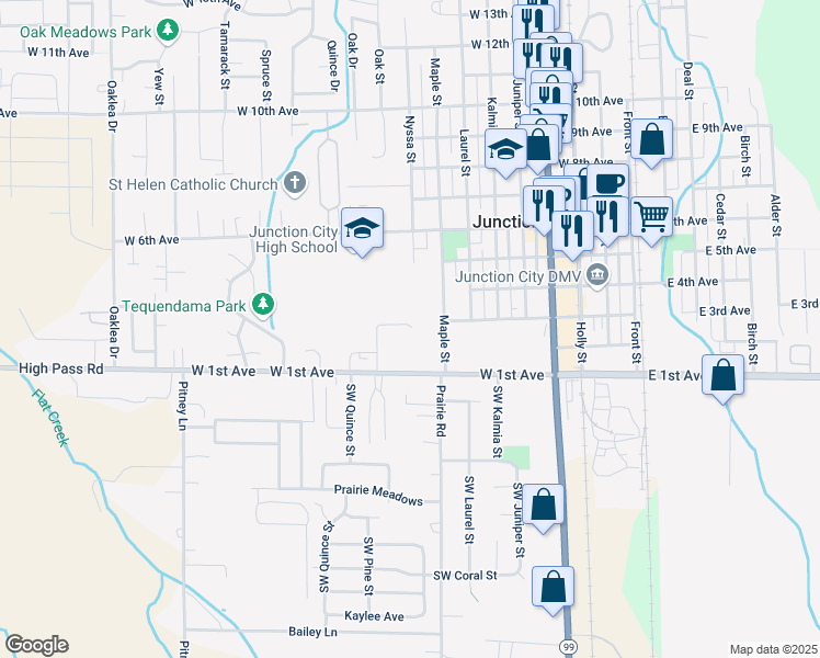 map of restaurants, bars, coffee shops, grocery stores, and more near 292 Oak Street in Junction City