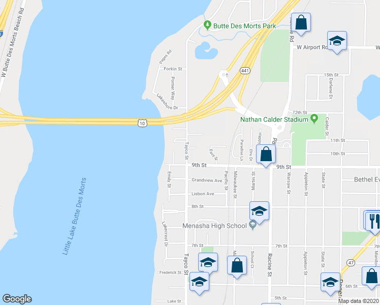 map of restaurants, bars, coffee shops, grocery stores, and more near 920 Tayco Street in Menasha
