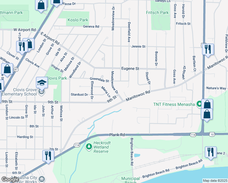 map of restaurants, bars, coffee shops, grocery stores, and more near 930 Meadowview Drive in Menasha