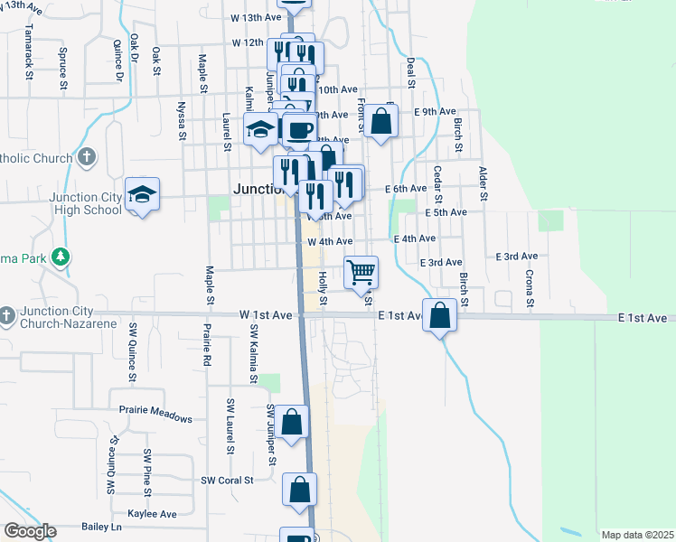map of restaurants, bars, coffee shops, grocery stores, and more near 295 Greenwood Street in Junction City